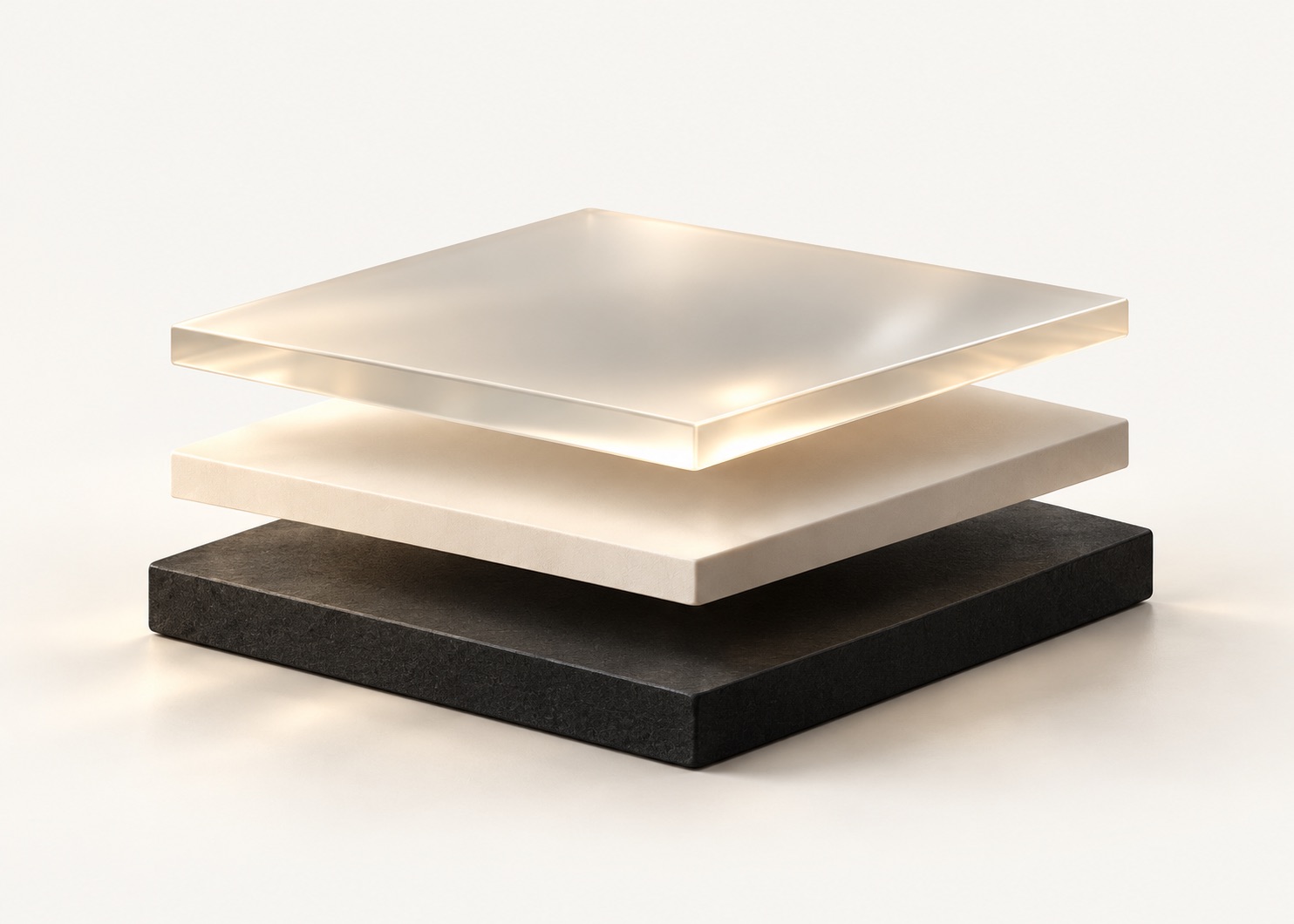 Three layers of glass, ivory, and graphite, representing Zeneral's architecture